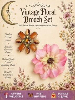 Set of 2 Vintage Floral Brooches Pink Fabric Flower Amber Gemstone Bloom